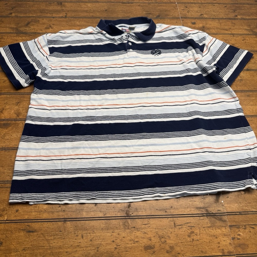 Phat Farm Polo Shirt Mens 4XL Striped White Blue Short Sleeve Cotton FLAWS‎